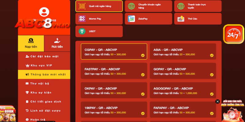 Nạp tiền chi trả vé cược casino ABC8